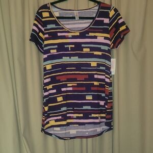 LuLaRoe Classic T Purple Scoop Neck Short Sleeve Tee with Multicolor Stripes